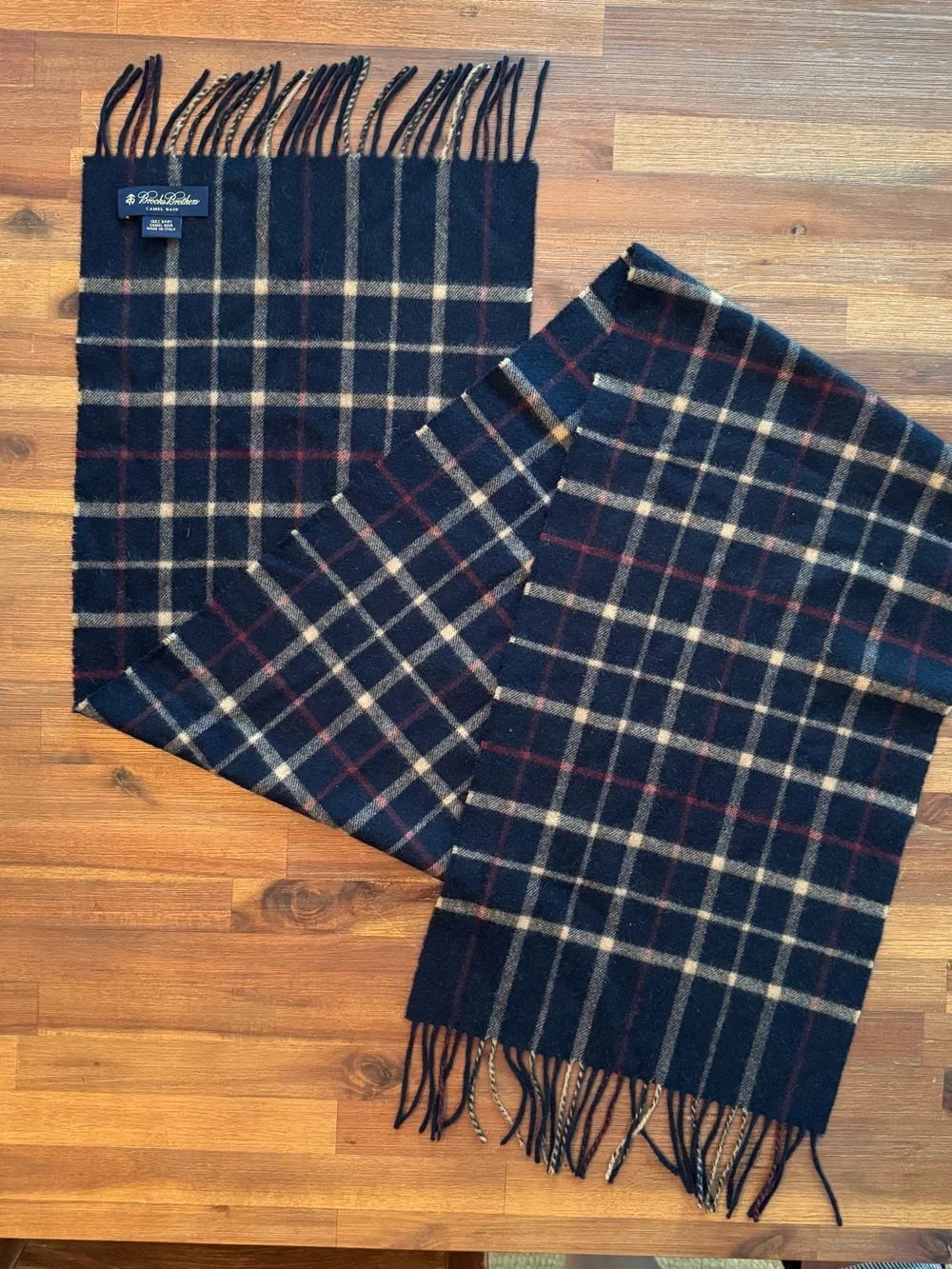 Brooks Brothers 100% Baby Camel Hair Scarf Italy Navy Plaid Fringe Luxury Preppy